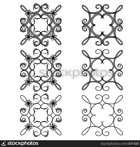 Set of six swirl floral design elements with leaves and flowers, vector illustration