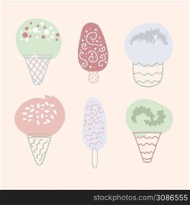 Set of six various tasty sweet delicious ice creams. Design for T-shirt, textile and prints. Hand drawn vector illustration for decor and design.