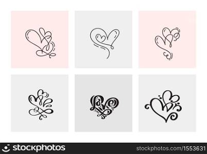Set of six vintage Vector Valentines Day Hand Drawn Calligraphic Hearts. Calligraphy lettering illustration. Holiday Design valentine. Icon love decor for web, wedding and print. Isolated.. Set of six vintage Vector Valentines Day Hand Drawn Calligraphic Hearts. Calligraphy lettering illustration. Holiday Design valentine. Icon love decor for web, wedding and print. Isolated