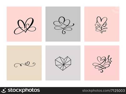 Set of six vintage Vector Valentines Day Hand Drawn Calligraphic Hearts. Calligraphy lettering illustration. Holiday Design valentine. Icon love decor for web, wedding and print. Isolated.. Set of six vintage Vector Valentines Day Hand Drawn Calligraphic Heart. Calligraphy lettering illustration. Holiday Design valentine. Icon love decor for web, wedding and print. Isolated