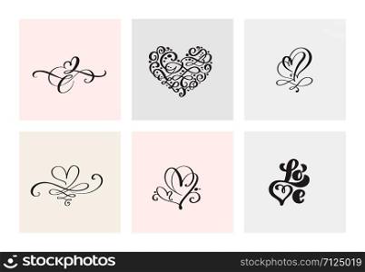 Set of six vintage Vector Valentines Day Hand Drawn Calligraphic Hearts. Calligraphy lettering illustration. Holiday Design valentine. Icon love decor for web, wedding and print. Isolated.. Set of six vintage Vector Valentines Day Hand Drawn Calligraphic Heart. Calligraphy lettering illustration. Holiday Design valentine. Icon love decor for web, wedding and print. Isolated