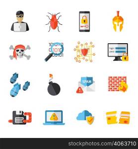 Set of sixteen flat isolated hackers decorative icons and pictograms with virus infection protection and maintenance vector illustration. Hacking Elements Icon Set