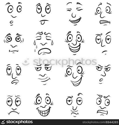 Set of sixteen funny male grimaces, sketching cartoon vector outlines isolated on the white background