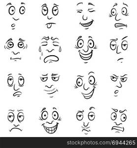 Set of sixteen funny male grimaces, sketching cartoon vector outlines isolated on the white background