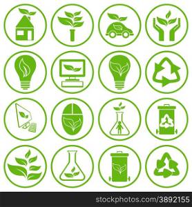 Set of sixteen green ecology icons, conceptual vector illustration