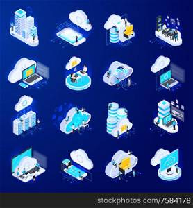 Set of sixteen isolated cloud services isometric icons with flat silhouette pictograms and 3d computing images vector illustration. Isometric Cloud Icons Set