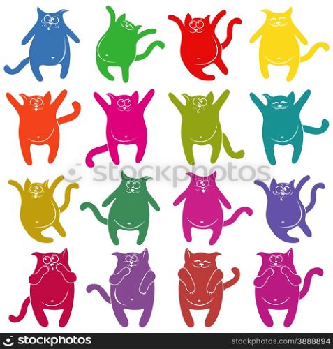 Set of sixteen thick funny cat stencils of different colors, cartoon vector illustration