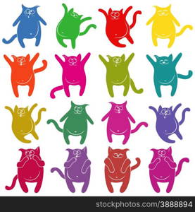Set of sixteen thick funny cat stencils of different colors, cartoon vector illustration