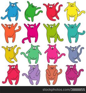 Set of sixteen thick funny cats of different colors, cartoon vector illustration