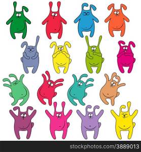 Set of sixteen thick funny rabbits of different colours, cartoon vector illustration