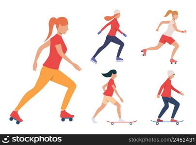 Set of skating activities. Girls and guy skateboarding, roller skating and ice skating. Activity concept. Vector illustration can be used for topics like leisure or active lifestyle. Set of skating activities. Girls and guy skateboarding