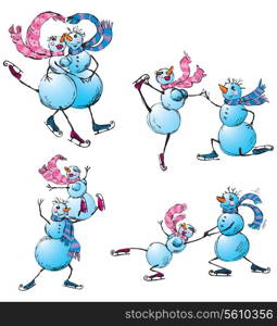 Set of skating happy couple - snowman and snow woman - hand drawn illustration