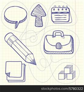 Set of sketch doodle business management infographics elements icons background in the box. Briefcase arrow up sheet notebook bubble calendar