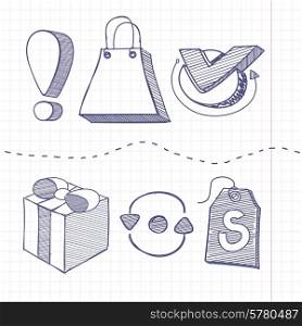 Set of sketch doodle business shopping infographics elements icons background in the box. Exclamation mark bag gift tag