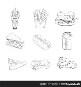 Set of sketch doodles hamburger fast food hot dog pizza icons in black vector illustration