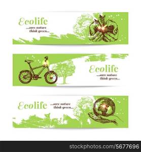 Set of sketch ecology banners. Hand drawn vector illustration