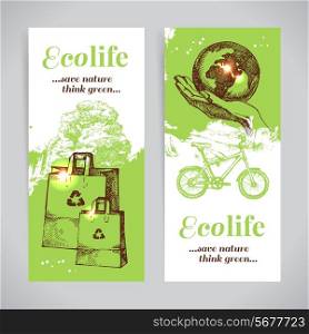 Set of sketch ecology banners. Hand drawn vector illustration