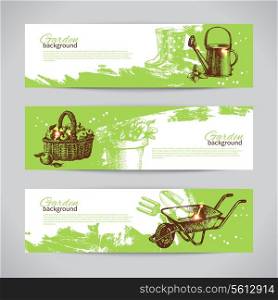 Set of sketch gardening banner templates. Hand drawn vintage illustrations&#x9;