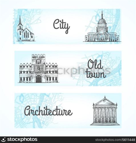 Set of sketch grunge banners with old doodle government museum theater buildings in hand drawn style vector illustration