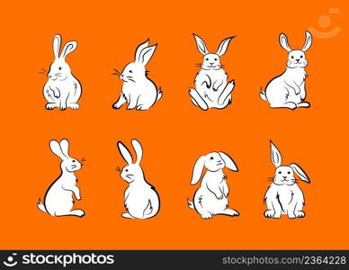 Set of sketch illustrations of cute fluffy rabbits, hares. Bunnies in various poses. Hand-drawn black brush outline and white color fill. Creative clip art made in simple lines, for prints. Funny cute white rabbits, doodle image set