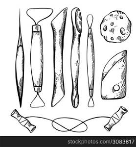 Set of sketch of tools for pottery and sculpting with hatching. Hobbies and workshop. Cutter, wire, sponge. Vector engraving element for greeting cards, labels and your creativity.. Set of sketch of tools for pottery and sculpting with hatching. Hobbies and workshop. Cutter, wire, sponge. Vector engraving element