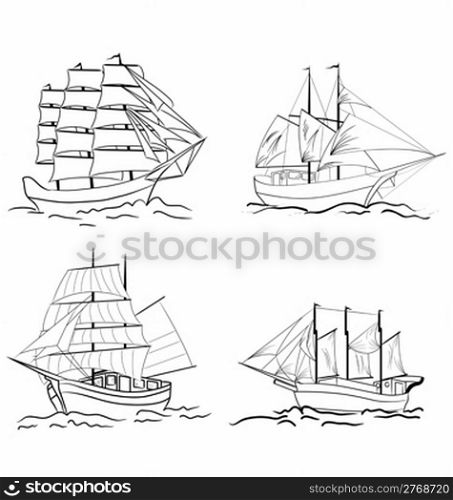 Set of sketch sailing vessel. Vector illustration.