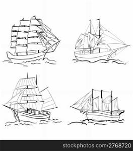 Set of sketch sailing vessel. Vector illustration.