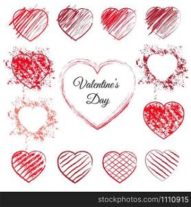 Set of sketched red hearts. 13 hand drawn love symbols with pen scribbles, pencil scratches and grunge splashes. Sketchy vector illustration with outline heart doodles for valentines day or wedding.. Set of 13 hand drawn hearts