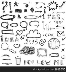 Set of sketched social and digital icons, vector background.