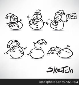 set of sketches of funny cute snowman