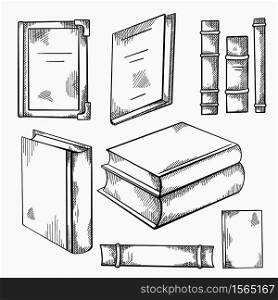 Set of sketches of various old books with shading. Front and side view. Notebooks. Library and bookshelves. Engraving vector element for cards, labels and your design.. Set of sketches of various old books with shading. Front and side view. Notebooks. Library and bookshelves. Engraving vector element