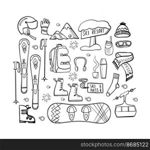 Set of ski and snowboard hand-drawn icons isolated on white background.