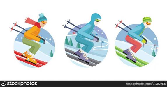 Set of skier man icons. Flat design. Men in ski suit and sunglasses sliding from hill with slalom flags. Winter entertainments, outdoor activity and sport. Extreme slalom. For mountain resort ad. Set of Skier Man Vector Icons in Flat Design. Set of Skier Man Vector Icons in Flat Design