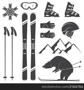 Set of skiing equipment silhouette icons. Set include skis, mountain, bear, gloves, goggles, helmet and snowflake. Winter equipment icons for family vacation, activity or travel. For logo design, patches, seal, logo or badges.. Set of skiing equipment silhouette icons.