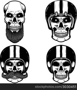 Set of skulls in biker helmet. Design element for logo, label, emblem, sign. Vector illustration. Set of skulls in biker helmet. Design element for logo, label, emblem, sign.