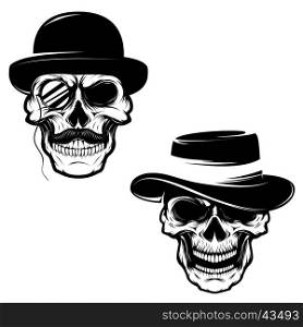 Set of Skulls in hat and monocle. Design element for logo, label, emblem, sign, brand mark, t-shirt print. Vector illustration.