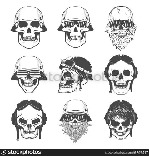 Set of skulls in motorcycle helmets. Design elements for logo, label, emblem, sign, badge. Vector illustrations.