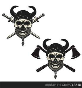 Set of skulls in viking helmets with crossed swords and axes. Design elements for poster, emblem, sign, t-shirt print. Vector illustration.