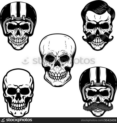Set of skulls on white background. Cranium in racer helmet. For emblem, sign, logo, label, badge. Vector image. Set of skulls on white background. Cranium in racer helmet. For emblem, sign, logo, label, badge.
