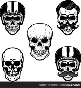 Set of skulls on white background. Cranium in racer helmet. For emblem, sign, logo, label, badge. Vector image. Set of skulls on white background. Cranium in racer helmet. For emblem, sign, logo, label, badge.