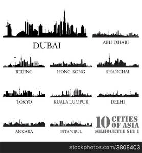 Set of skyline cities silhouettes. 10 cities of Asia #1. Vector illustration.