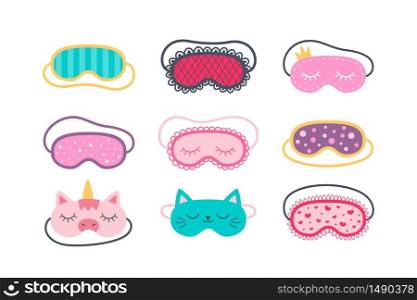 Set of sleep masks for eyes. Night accessory to healthy sleep, travel and recreation. Isolated vector illustrations on white background. Set of sleep masks for eyes. Night accessory to healthy sleep, travel and recreation.