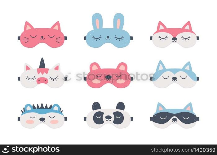 Set of sleep masks for eyes with cute animals. Night accessory to healthy sleep, travel and recreation. Isolated vector illustrations on white background. Set of sleep masks for eyes with cute animals. Night accessory to healthy sleep, travel and recreation