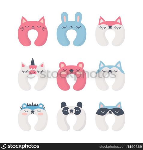 Set of sleep neck pillows with cute animals. Night accessory to healthy sleep, travel and recreation. Isolated vector illustrations on white background. Set of sleep neck pillows with cute animals. Night accessory to healthy sleep, travel and recreation.