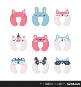 Set of sleep neck pillows with cute animals. Night accessory to healthy sleep, travel and recreation. Isolated vector illustrations on white background. Set of sleep neck pillows with cute animals. Night accessory to healthy sleep, travel and recreation.