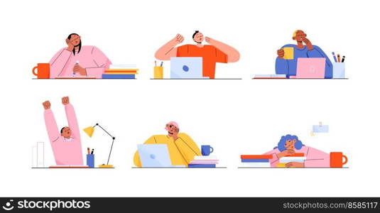 Set of sleepy people tired of computer work or studying. Exhausted flat male and female characters sitting at desk with closed eyes, yawning, stretching. Overworked freelancers. Vector illustration. Set of sleepy people tired of work or studying