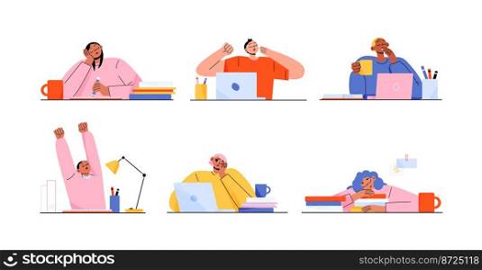 Set of sleepy people tired of computer work or studying. Exhausted flat male and female characters sitting at desk with closed eyes, yawning, stretching. Overworked freelancers. Vector illustration. Set of sleepy people tired of work or studying