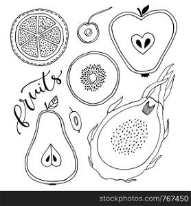 Set of sliced fruits. Apple, pear, pitaya, kiwi, orange line drawn on white background. Vector illustration. Coloring book page for adults. Set of sliced fruits. Apple, pear, pitaya, kiwi, orange line drawn on white background. Vector illustration. Coloring book page for adult