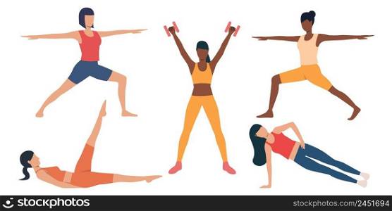 Set of slim girls exercising. Group of multiethnic girls training at home. Vector illustration can be used for presentation, brochure, tutorial. Set of slim girls exercising