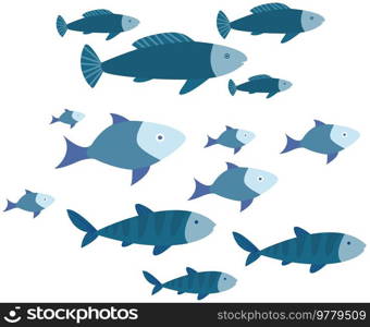 Set of small and large blue marine fish swim on white background. Cartoon nautical characters live in ocean. Wild nature of aquatic environment. Underwater animal life, fingerling, school of sea fish. Set of small and large blue marine fish swim on white background. Cartoon nautical characters